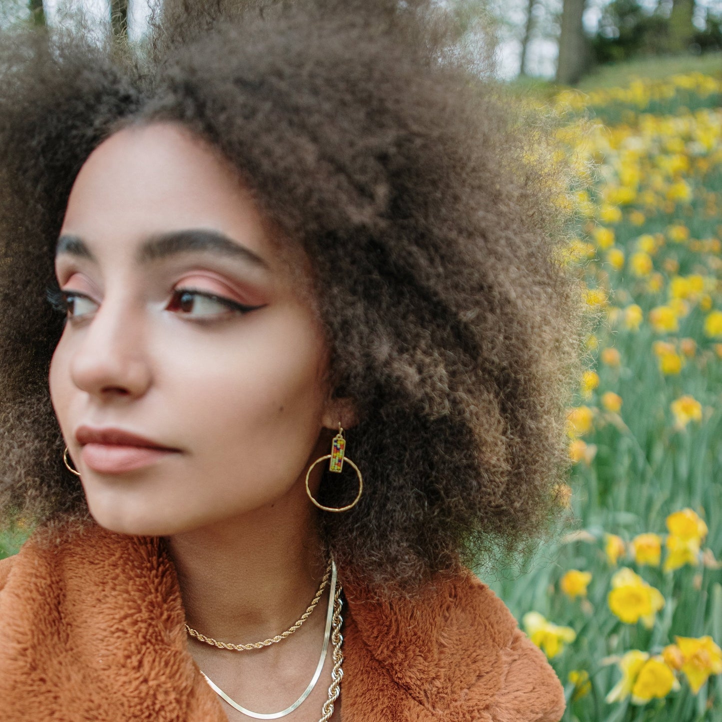 Beaded Square and Gold Hoop Earrings