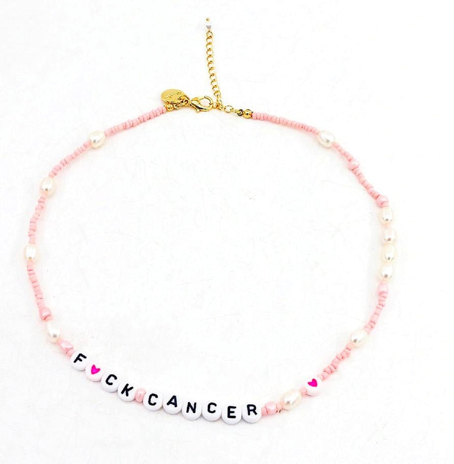 Fuck Cancer Pink and Pearl Beaded Necklace