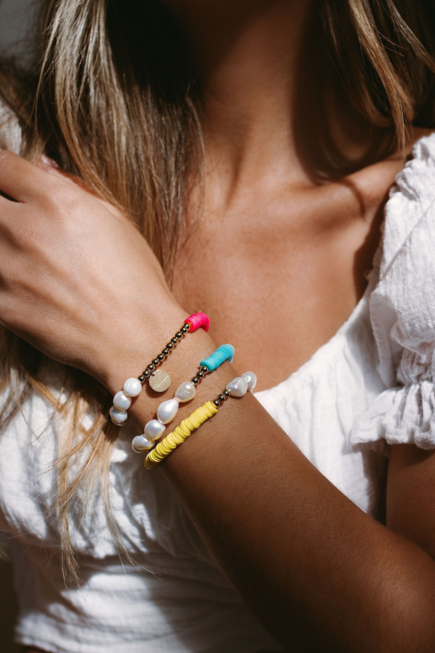 Pearl and Clay Disk Bracelets