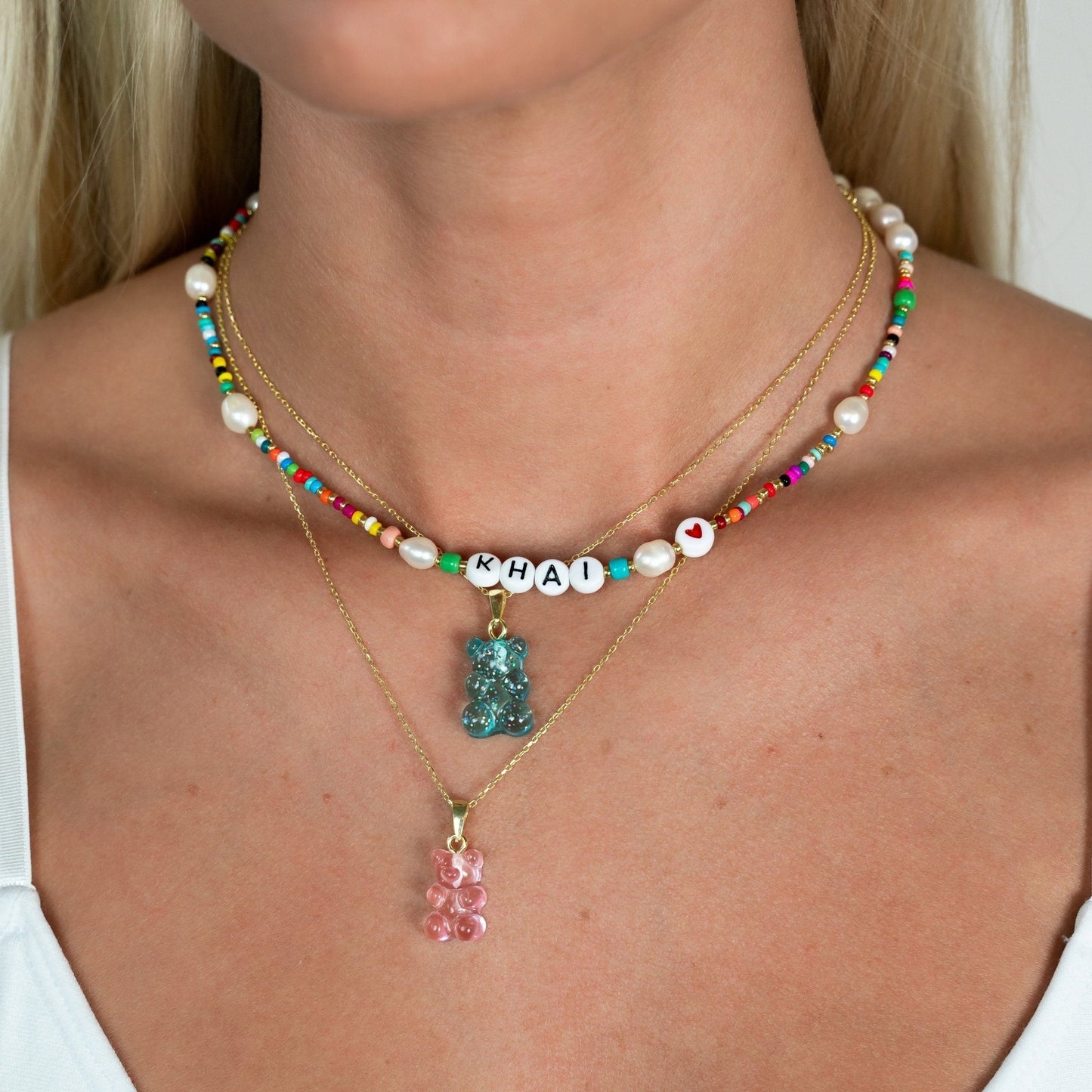 Customized Rainbow and Pearl Beaded Necklace