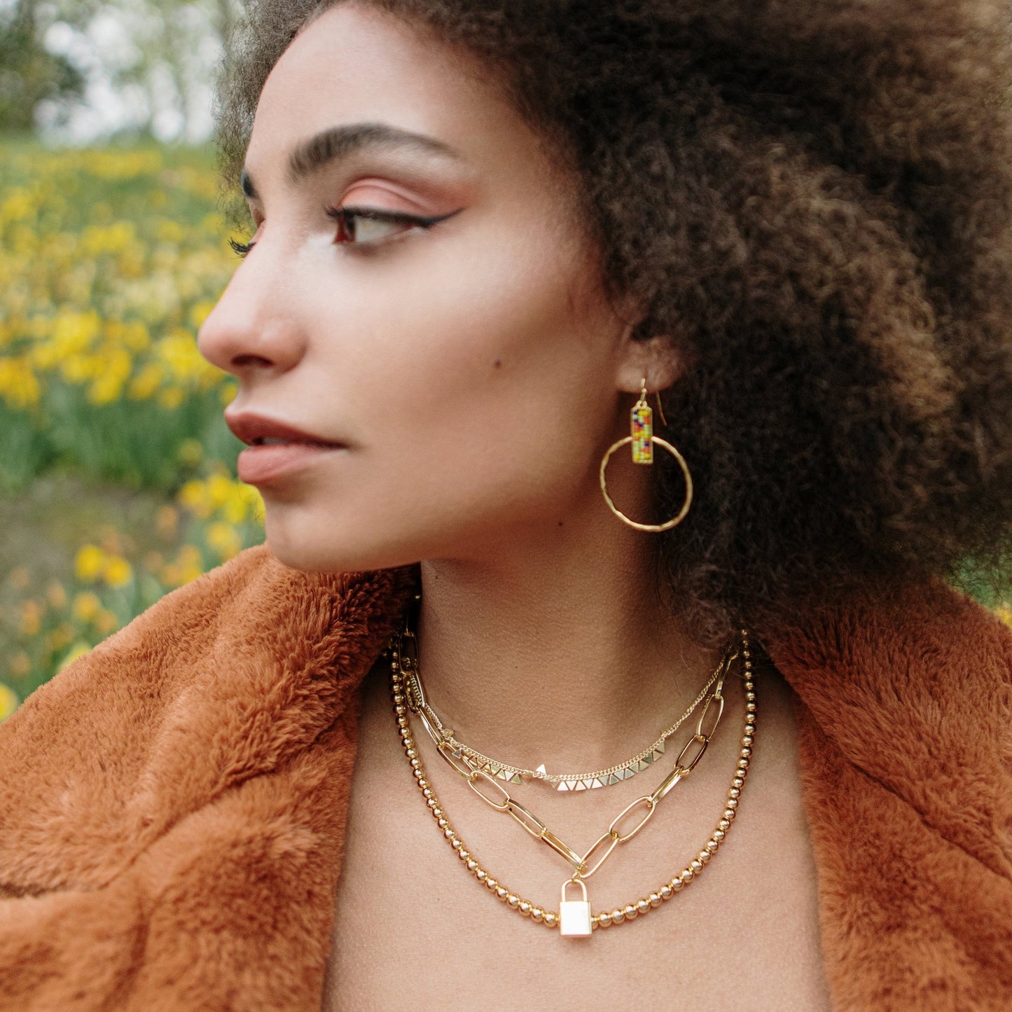 Beaded Square and Gold Hoop Earrings