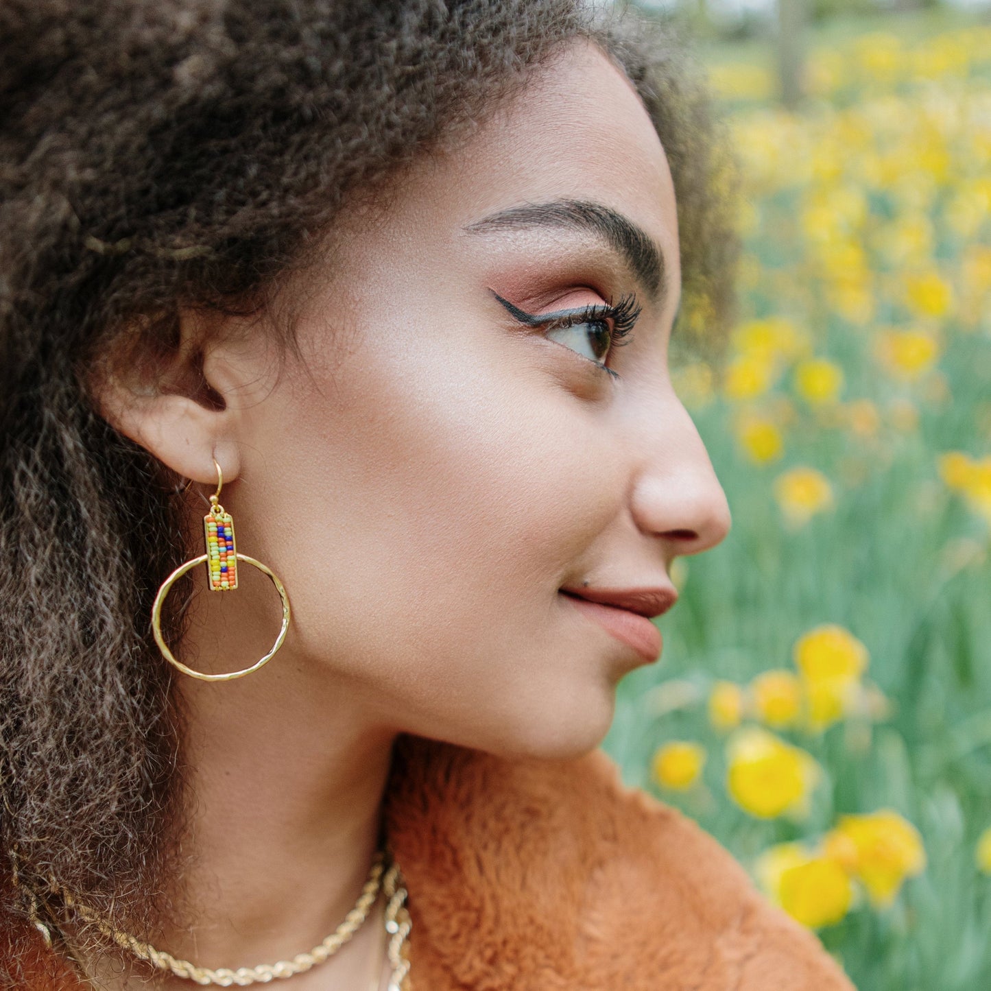 Beaded Square and Gold Hoop Earrings