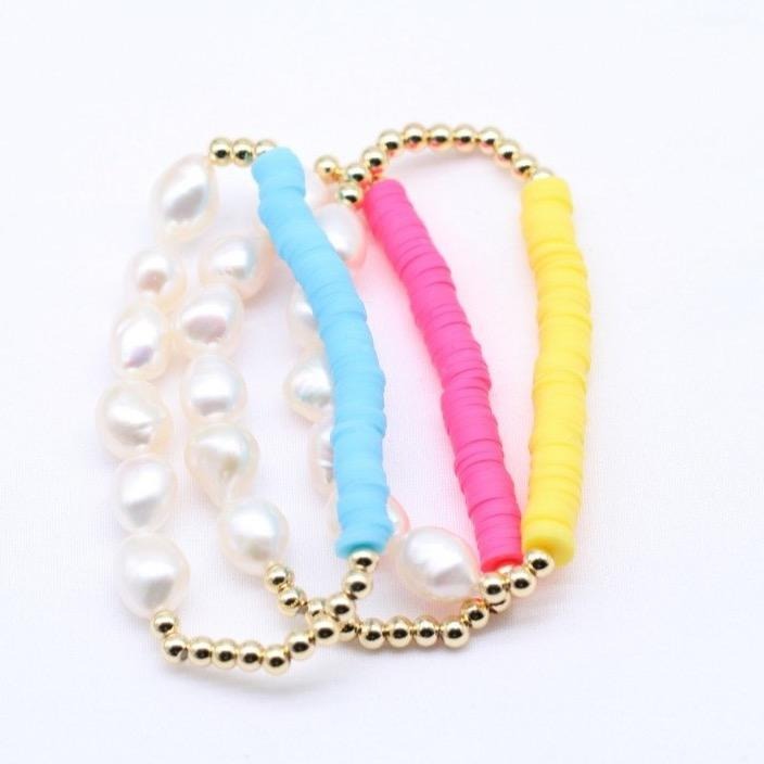 Pearl and Clay Disk Bracelets