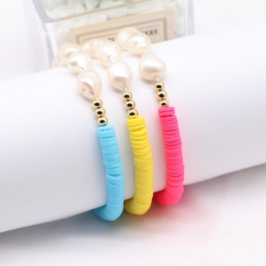 Pearl and Clay Disk Bracelets